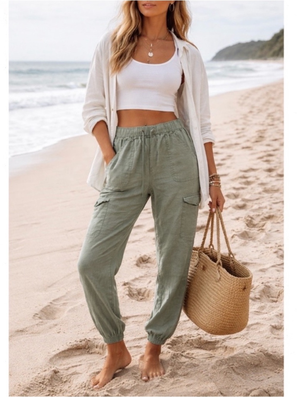 Nicole Miller Olive Green Cargo Jogger Pants 100% Linen Size Large